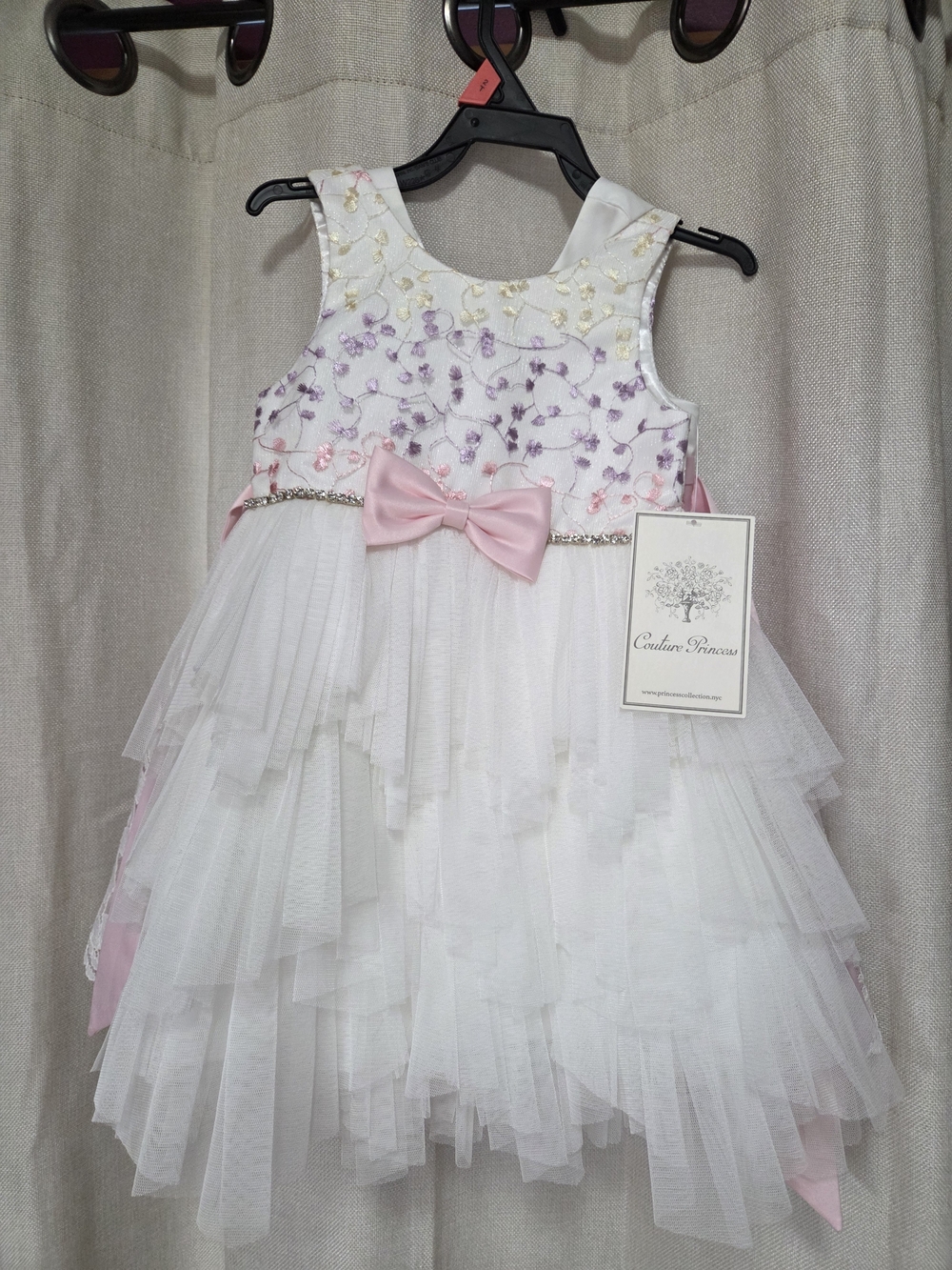 Couture Princess White Floral & Pink Bow Tulle Dress for Girls